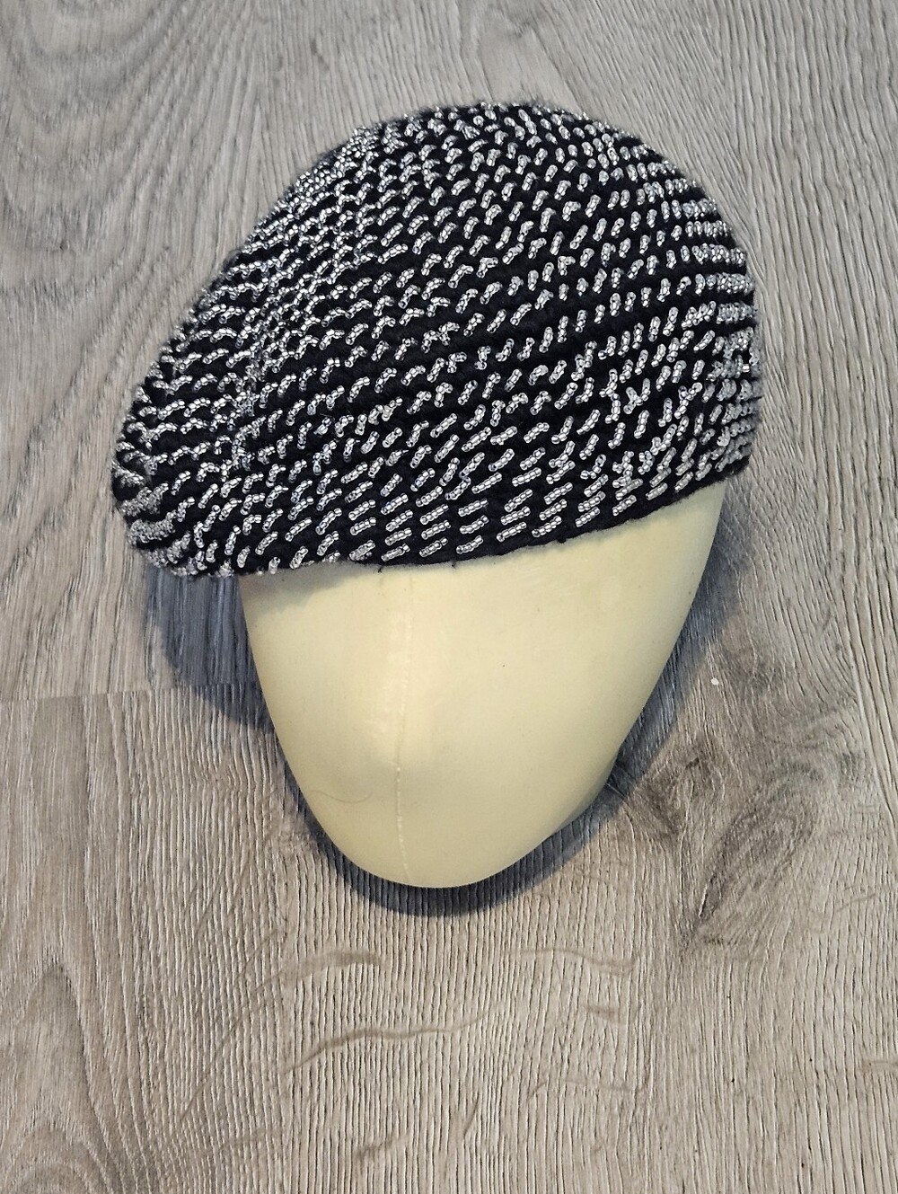Vintage Women's Boho-Chic Crochet Beret in Black and Silver
